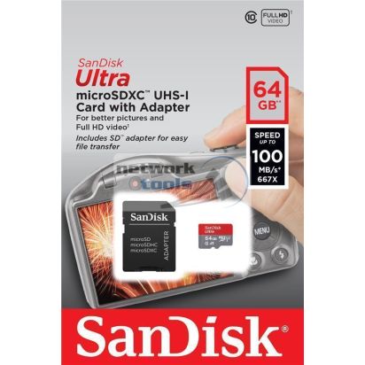 Карта пам'яті SanDisk 64GB microSDXC C10 UHS-I R100MB/s Ultra + SD SDSQUNR-064G-GN3MA